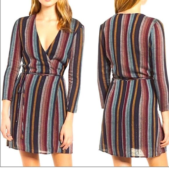 Rails Lola preppy minimalist striped v neck wrap dress linen coastal S - Picture 1 of 12